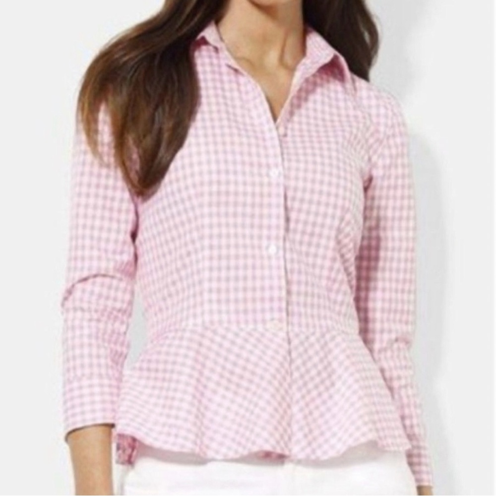 Lauren Ralph Lauren White Pink Gingham Peplum Top